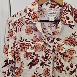 Rachel Zoe Linen Floral Bird Print Button Down Blouse Tunic Sz S Pockets Blazer